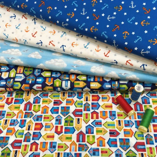 Beach holiday themed cotton fabric collection from Makower UK