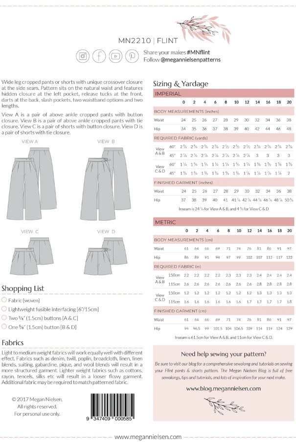Megan Nielsen Patterns - Flint Pants & Shorts - Size 0-20