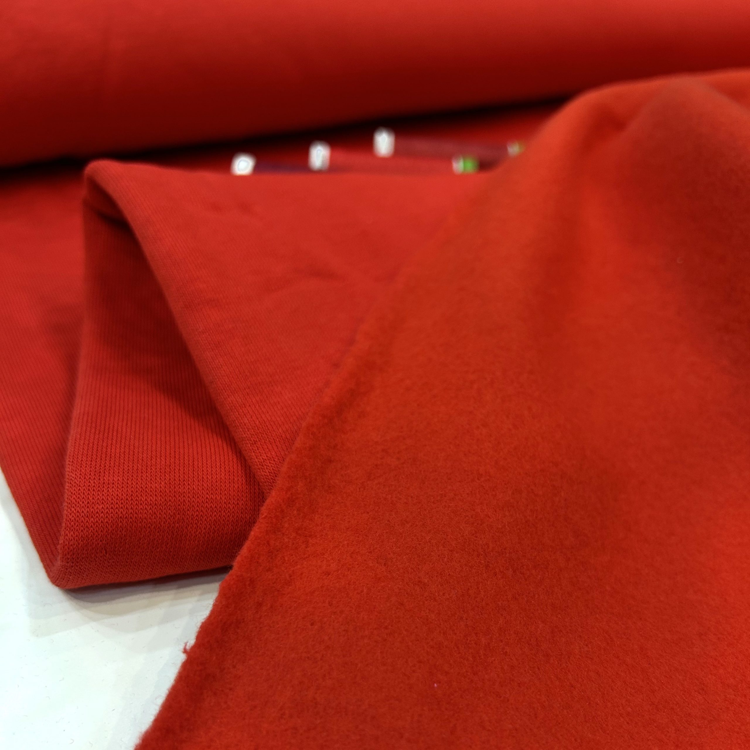 Fleece backed sweatshirt fabric – Penelope – plain red – Gather N Sew