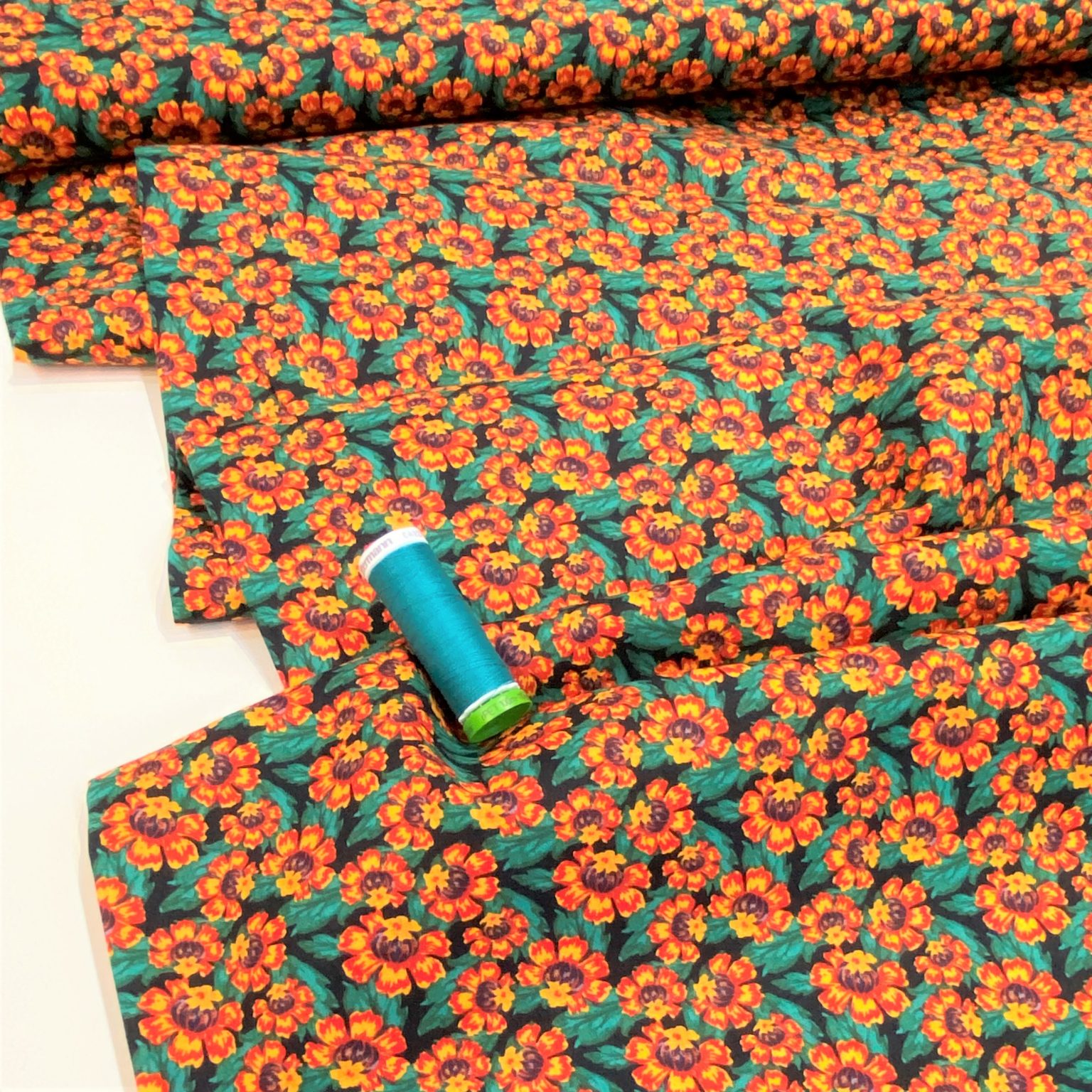 Cotton poplin fabric – Joyce – teal and orange bloom floral – Gather N Sew