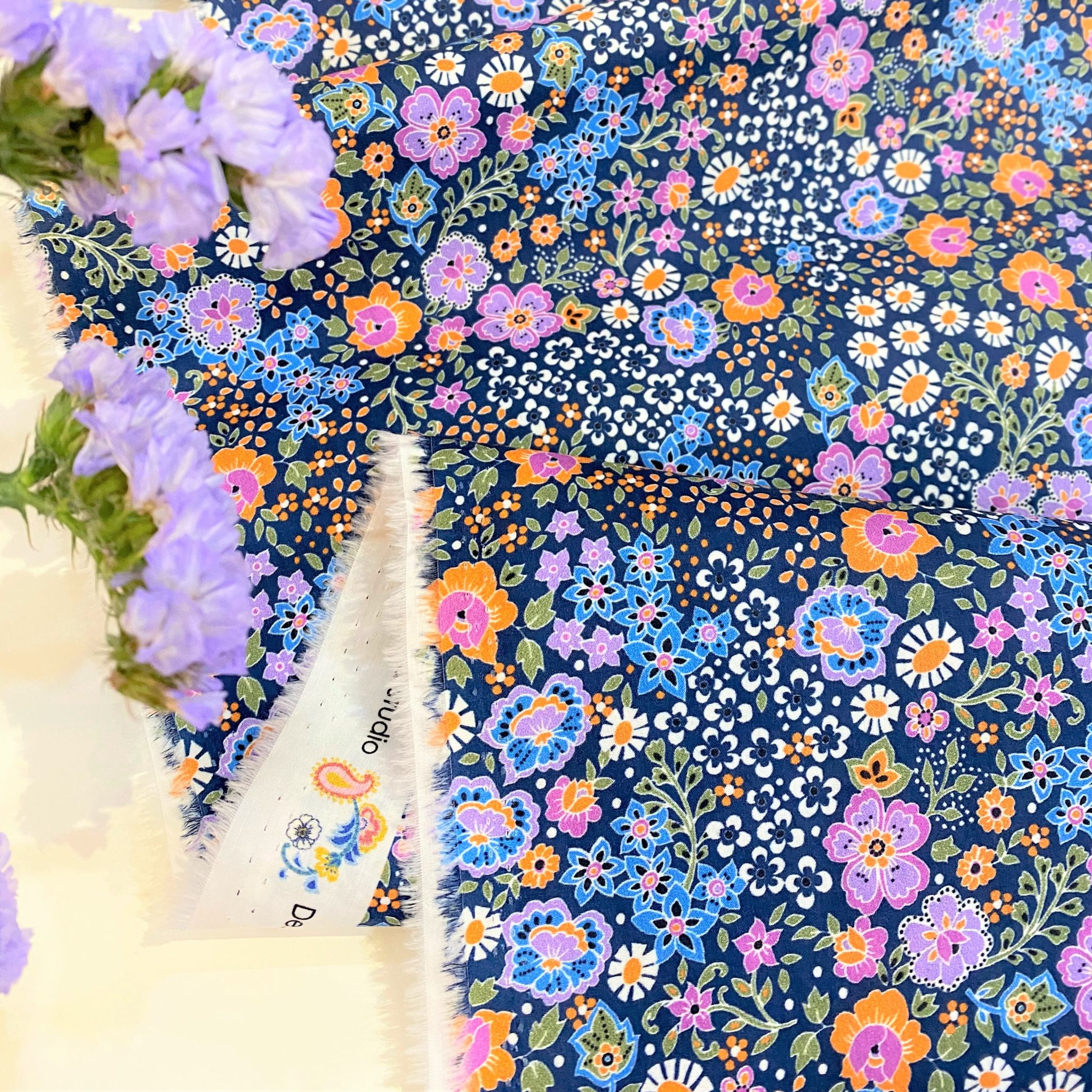 Dashwood Studio Ace cotton lawn fabric Bahar lilac ditsy flowers on navy blue Gather N Sew