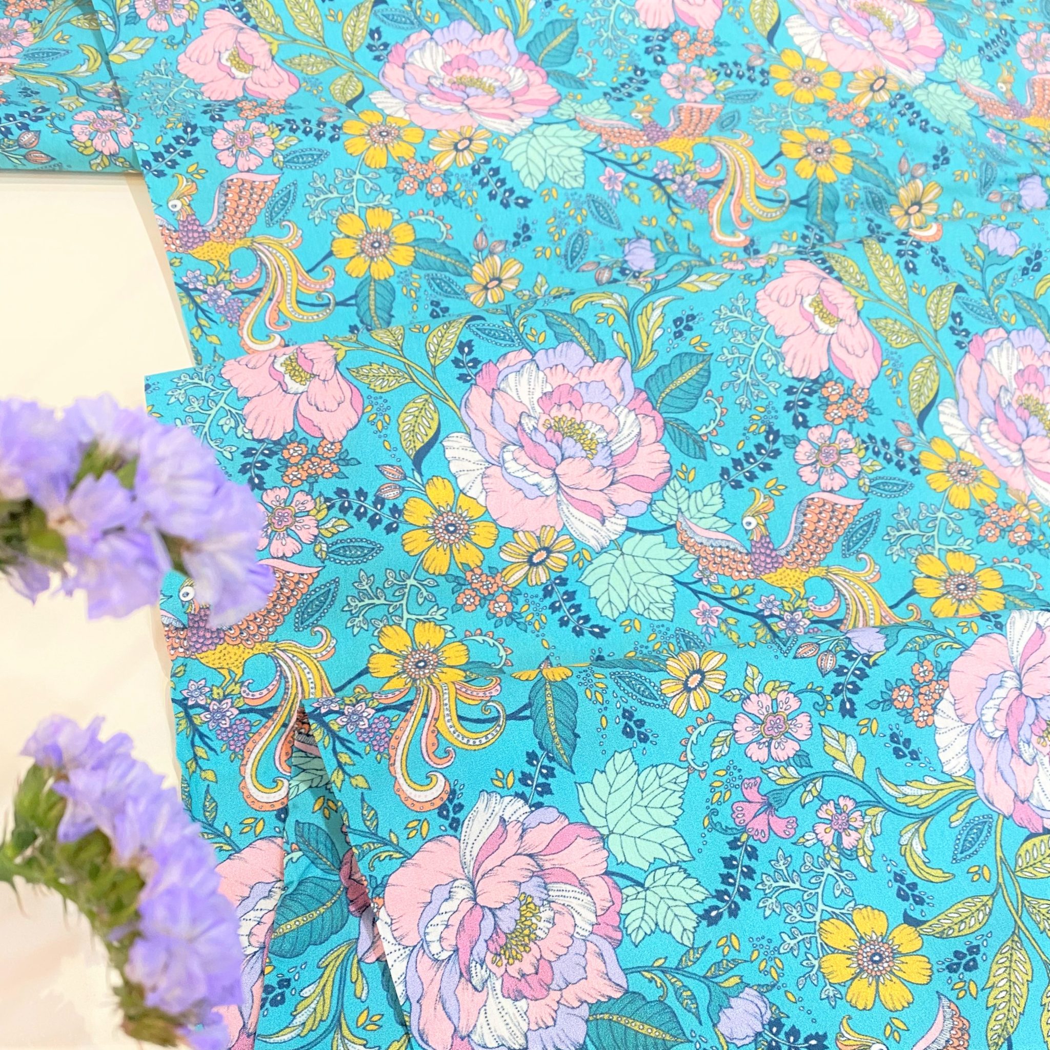 Dashwood Studio Ace cotton lawn fabric Pareesa flowers and birds on teal Gather N Sew