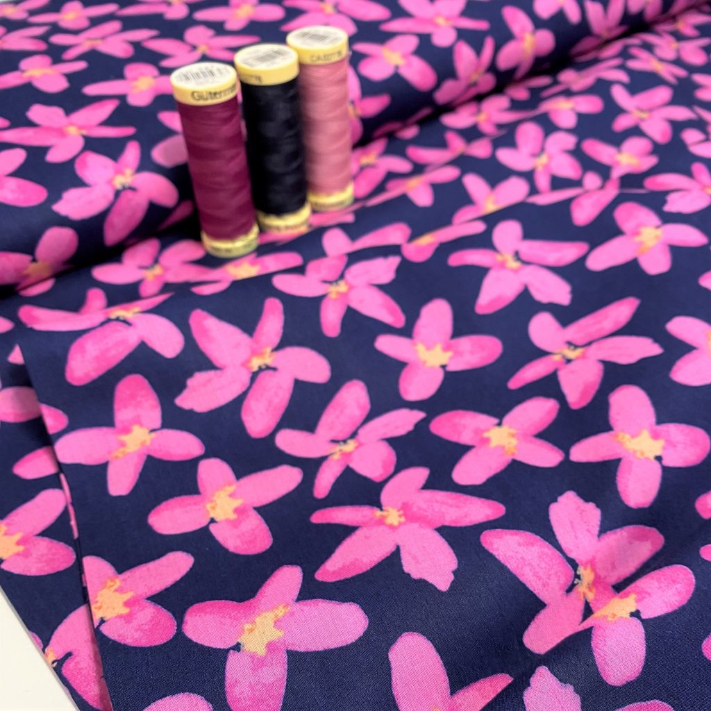 PIMA cotton lawn fabric – Ella – pink flowers on navy blue – Gather N Sew