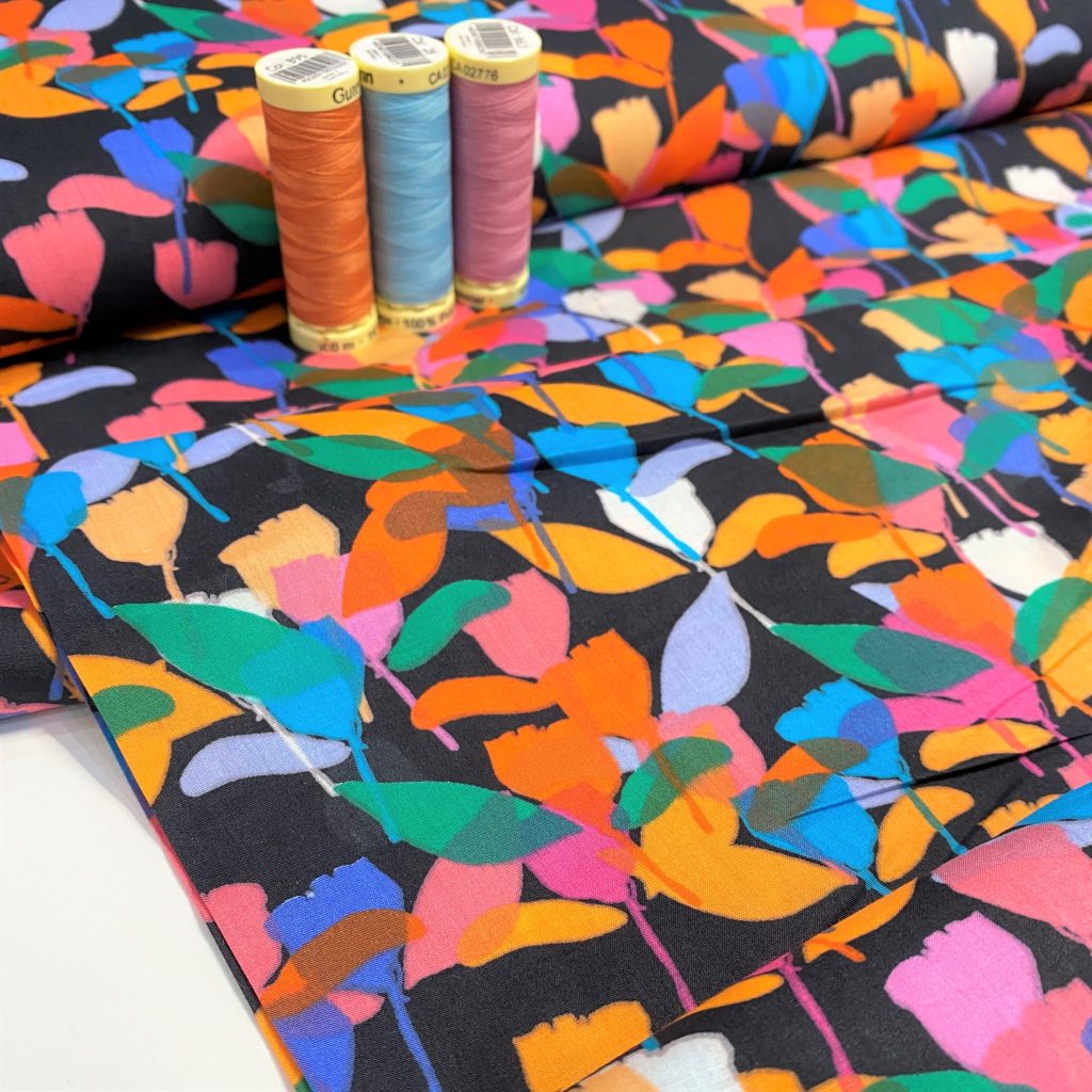 PIMA cotton lawn fabric Isabella bright leaves on black Gather N Sew